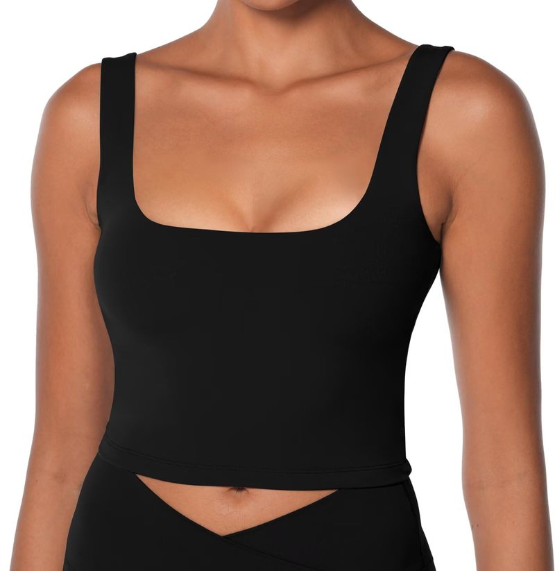 Sunzel Women's Double Lined Tank Top, Sleeveless Square Neck Crop Top, Yoga & Fitness Fitted Workout Casual Activewear Shirt Black Medium