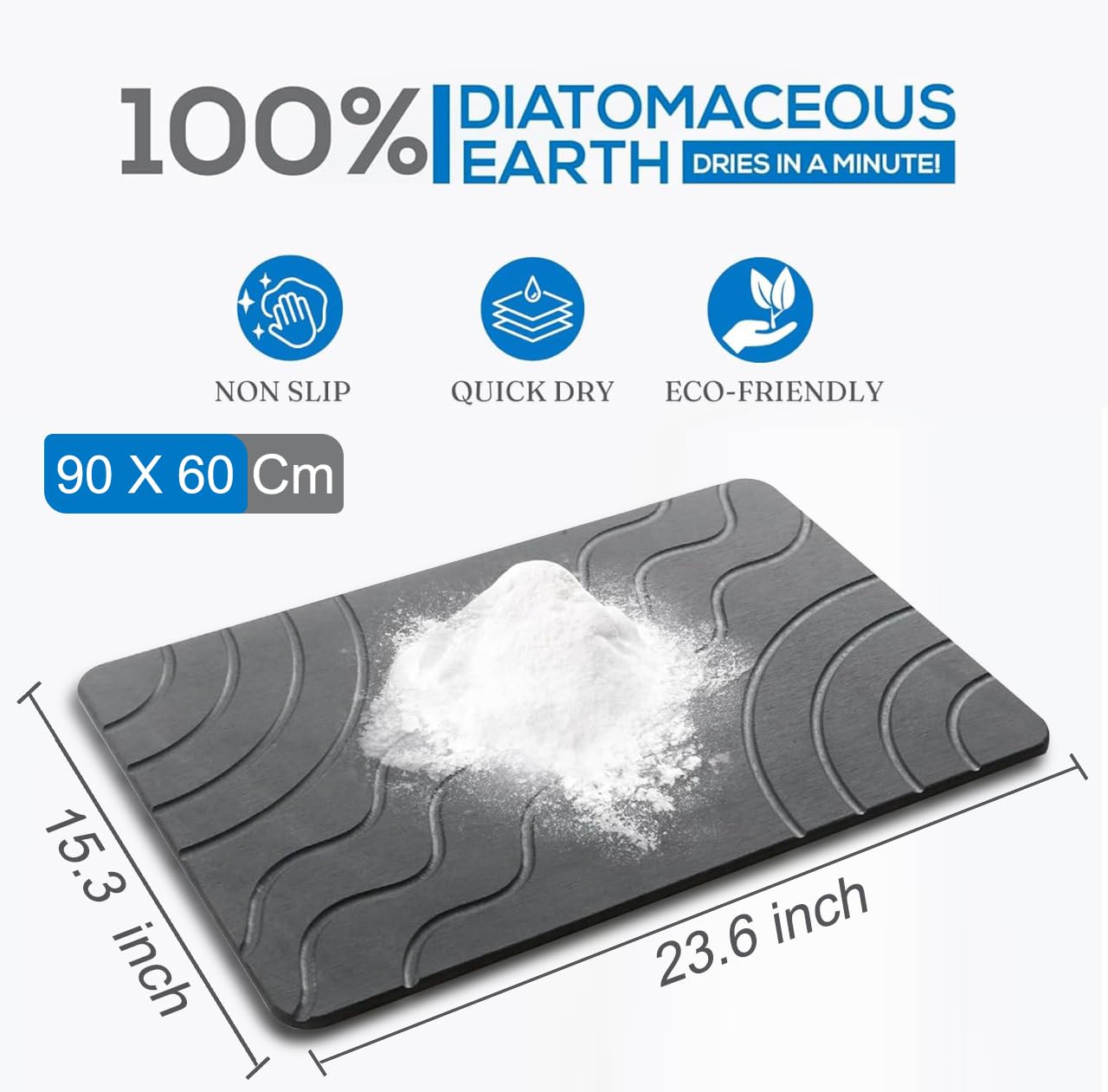 HOMY BLISS Stone Bath Mat Quick Drying Diatomaceous Earth Bath Mat Non Slip Shower Mat Super Absorbent Stone Bath Mats for Bathroom, Floor, Kitchen Counter, Easy to Clean (23.6” X 15.3”, Dark Gray)