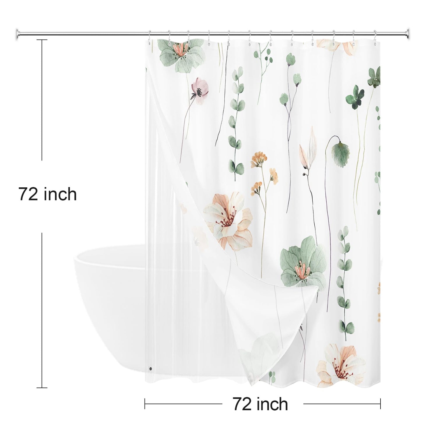 Gibelle Floral Bath Mat Rug (17"x24", Sage Green) 3 in 1 Shower Curtain Set, Sage Green Watercolor Floral Bath Curtain and PEVA Liner Set with 12 Double Sided Steel Hooks,72x72