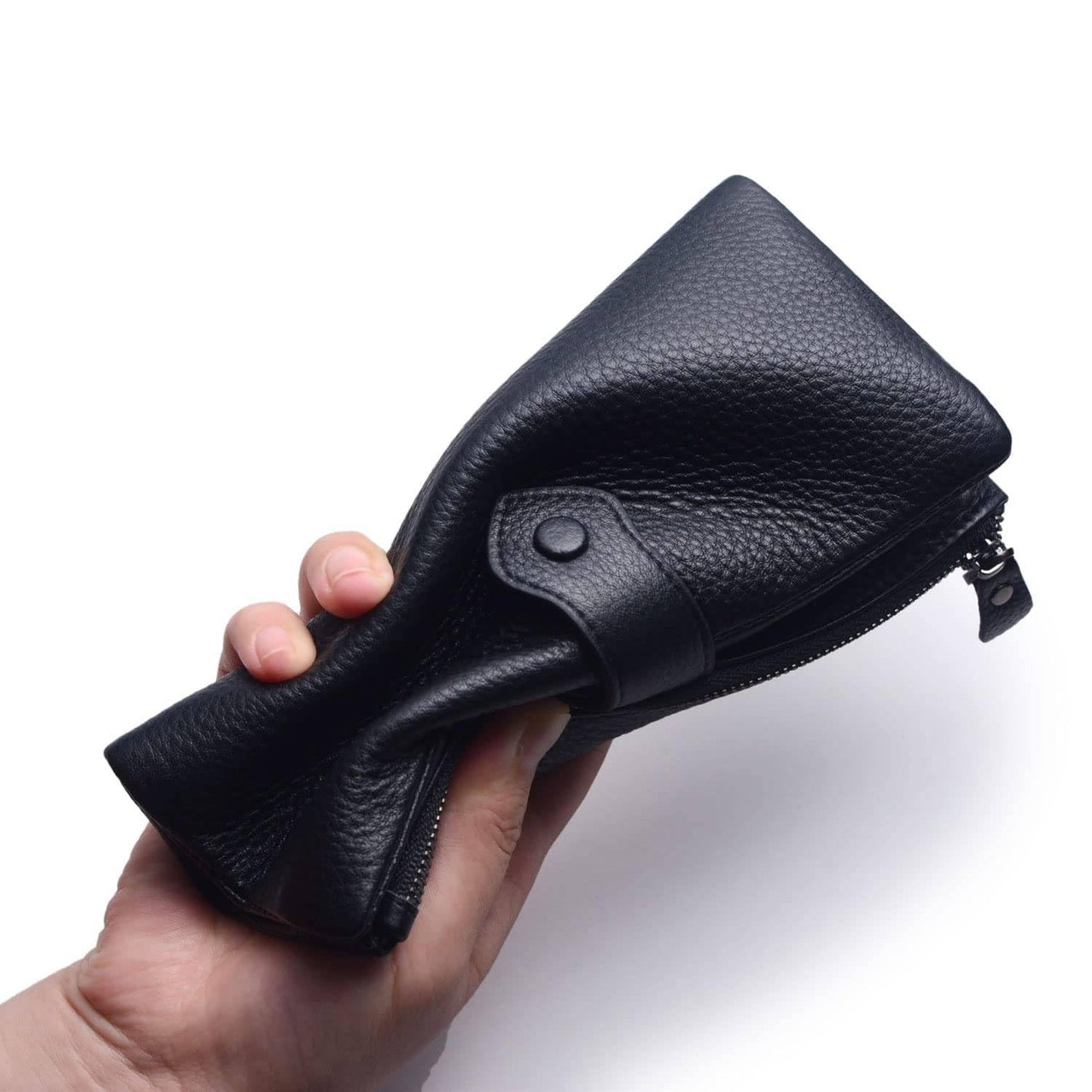 Bveyzi Women Soft Leather RFID Blocking Bifold Slim Wallets Ladies Credit Card Holder Double Zipper Pocket(Black)