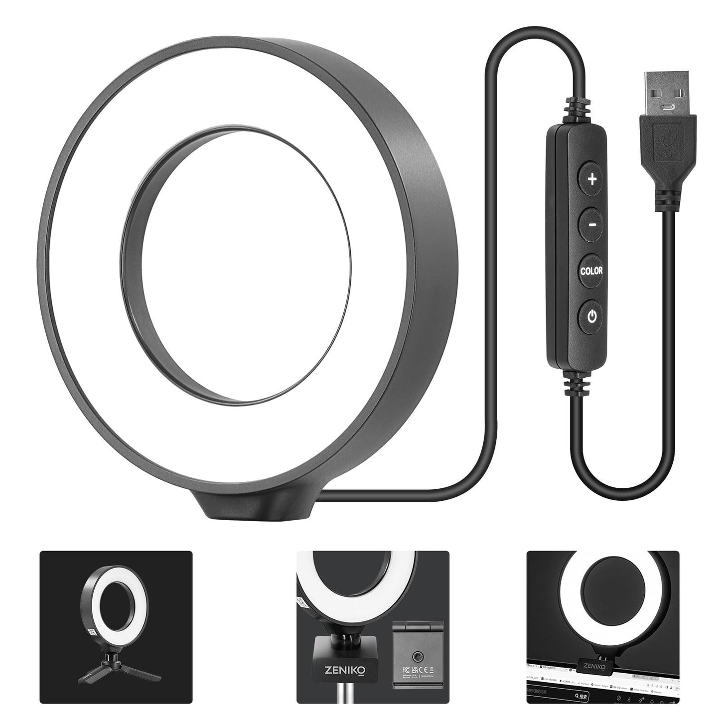 ZENIKO CR5 Video Conference Lighting Kit, 5" Ring Light Clip on Laptop Monitor, Desk Light with Stand Tripod, Bi-Color CRI >95 for Webcam Lighting, Zoom Lighting, Broadcasting, Live Streaming