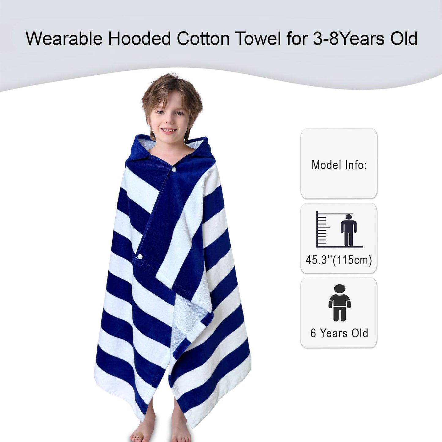 VOOVA & MOVAS Kids Beach Towel Wrap with Hood (3-8 Years, 30''x50'') - 100% Cotton Soft Absorbent Towel for Boys, Pool, Bath, Swimming & Beach - Blue Cabana Stripe Design