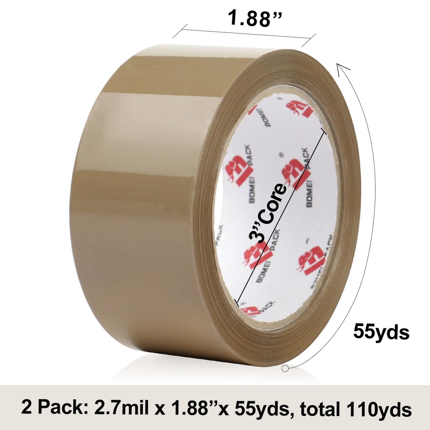 BOMEI PACK Brown Packing Tape,No Noise Packaging Tape with Dispenser,1.88 Inch x 55 Yards,Industrial Grade Packaging Tape for Shipping Moving Sealing,Noiseless Brown Shipping Tape (2)