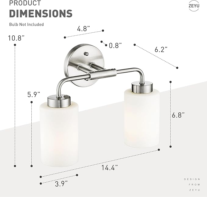 zeyu 2-Light Bathroom Light Fixtures Over Mirror, Modern Wall Sconces for Bathroom, Milky White Glass Shade, Brushed Nickel Finish, ZS62B-2W BN