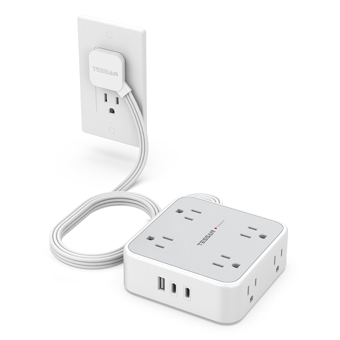 TESSAN Surge Protector Power Strip, 5 Ft Flat Plug Extension Cord with 3 USB (1 USB C) 8 Outlets, 900J Surge Protection, 3 Sided Outlet Extender with Power Switch for Office, Dorm Room Essentials