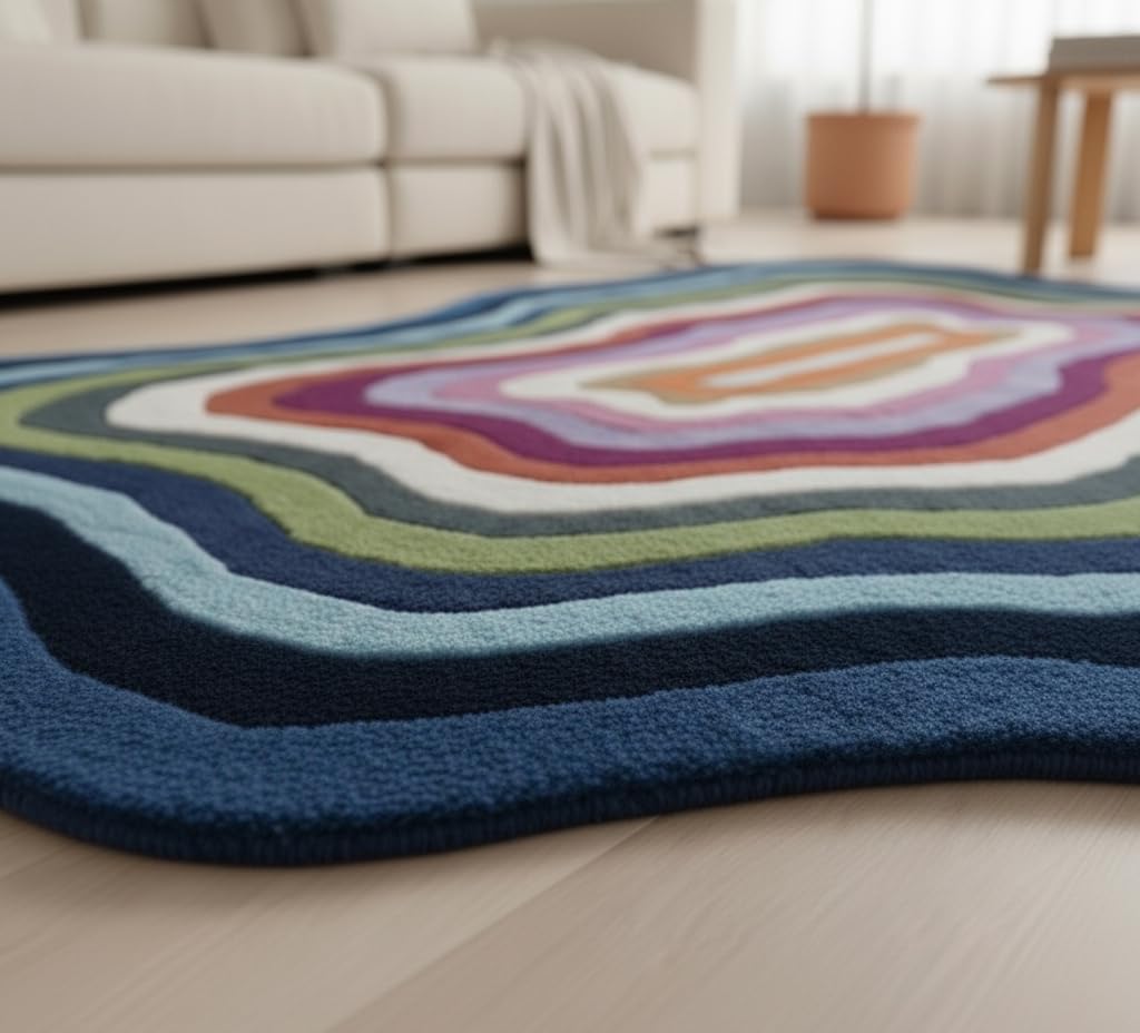 RUGORIA Restoration and Renovation Irregular Shaped Handmade Wool Rug | Modern Colourful Stripe Premium Area Rug Perfect for Home Decor (Blue Multi, 5' x 8')