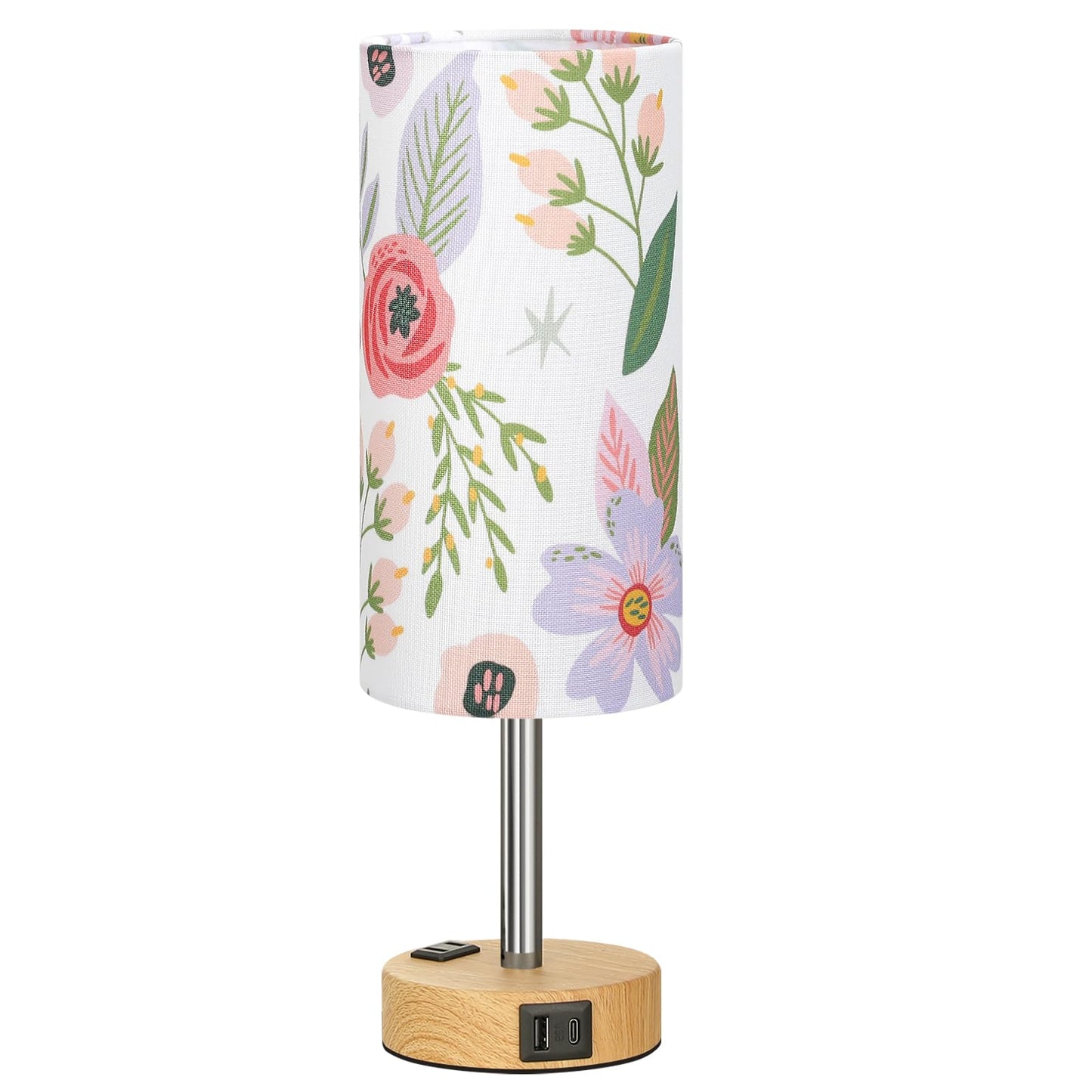Fenmzee Floral Touch Lamp for Bedroom- 3 Way Dimmable Bedside Lamp USB C A Charging Ports and AC Outlet, Small Table Lamp Floral Linen Lampshade for Gift, LED Bulb Included