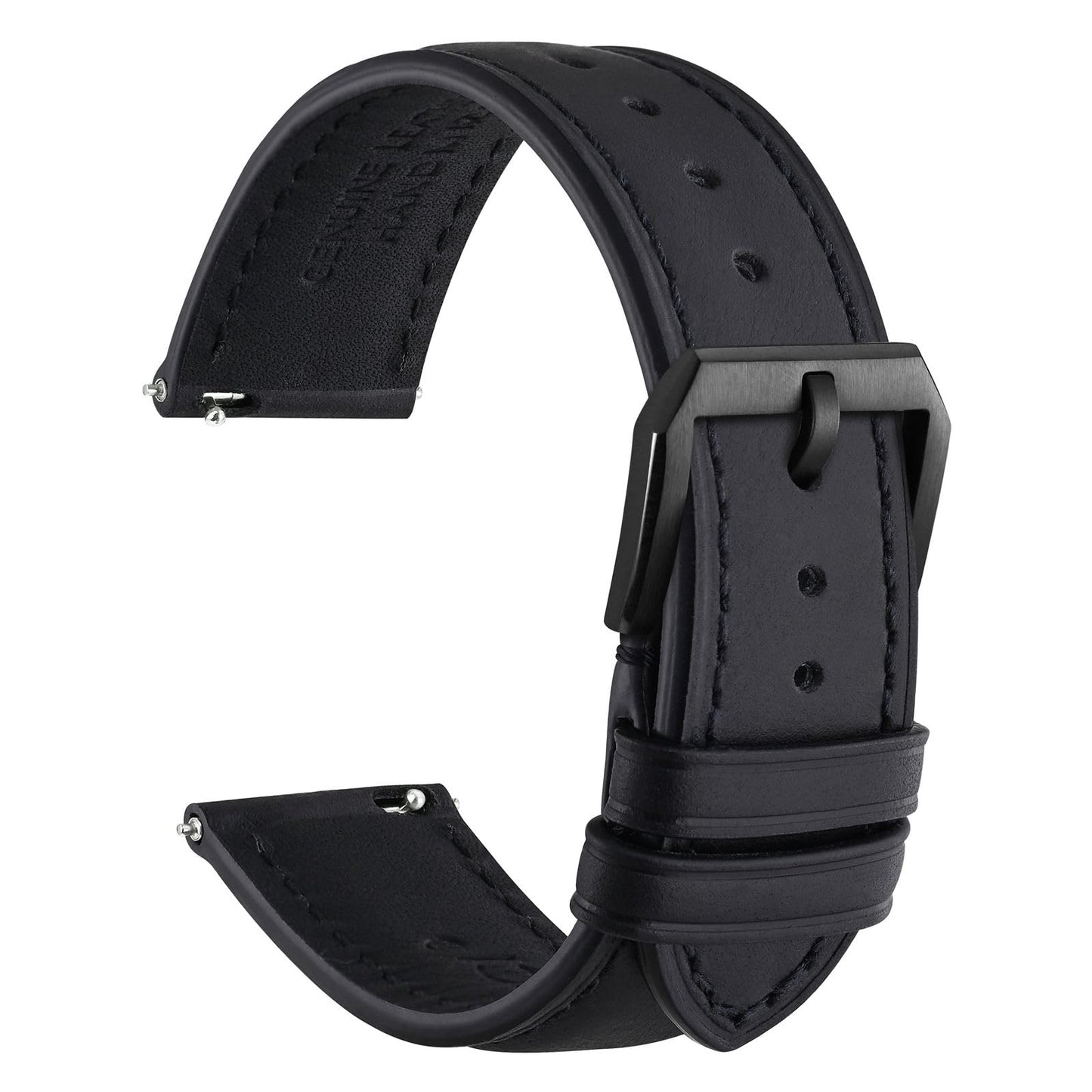 WOCCI 18mm Watch Band, Genuine Leather, Quick Release Replacement Strap, Black Buckle (Black)