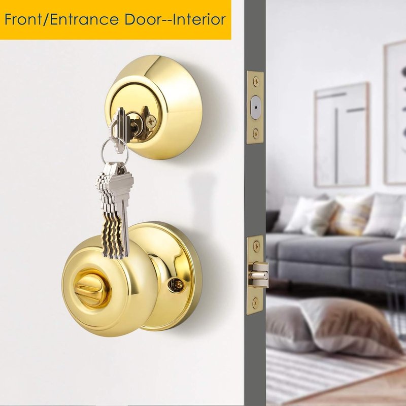 Brotima 1 Pack Polished Brass Round Style Entry Door Knobs and Deadbolt Combination Set, Keyed Alike Double Cylinder Deadbolt Door Lock Set