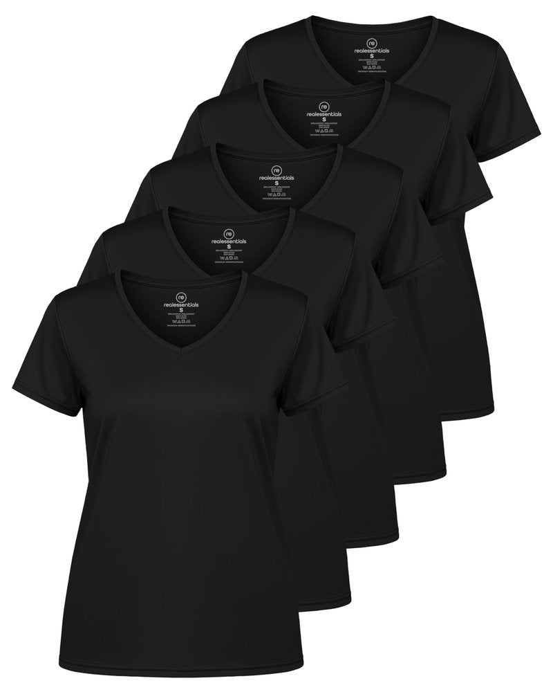 Real Essentials 5 Pack: Women's Dry-Fit Short Sleeve V Neck T Shirt Workout Fitness Yoga Top Tee, Set 5, XL
