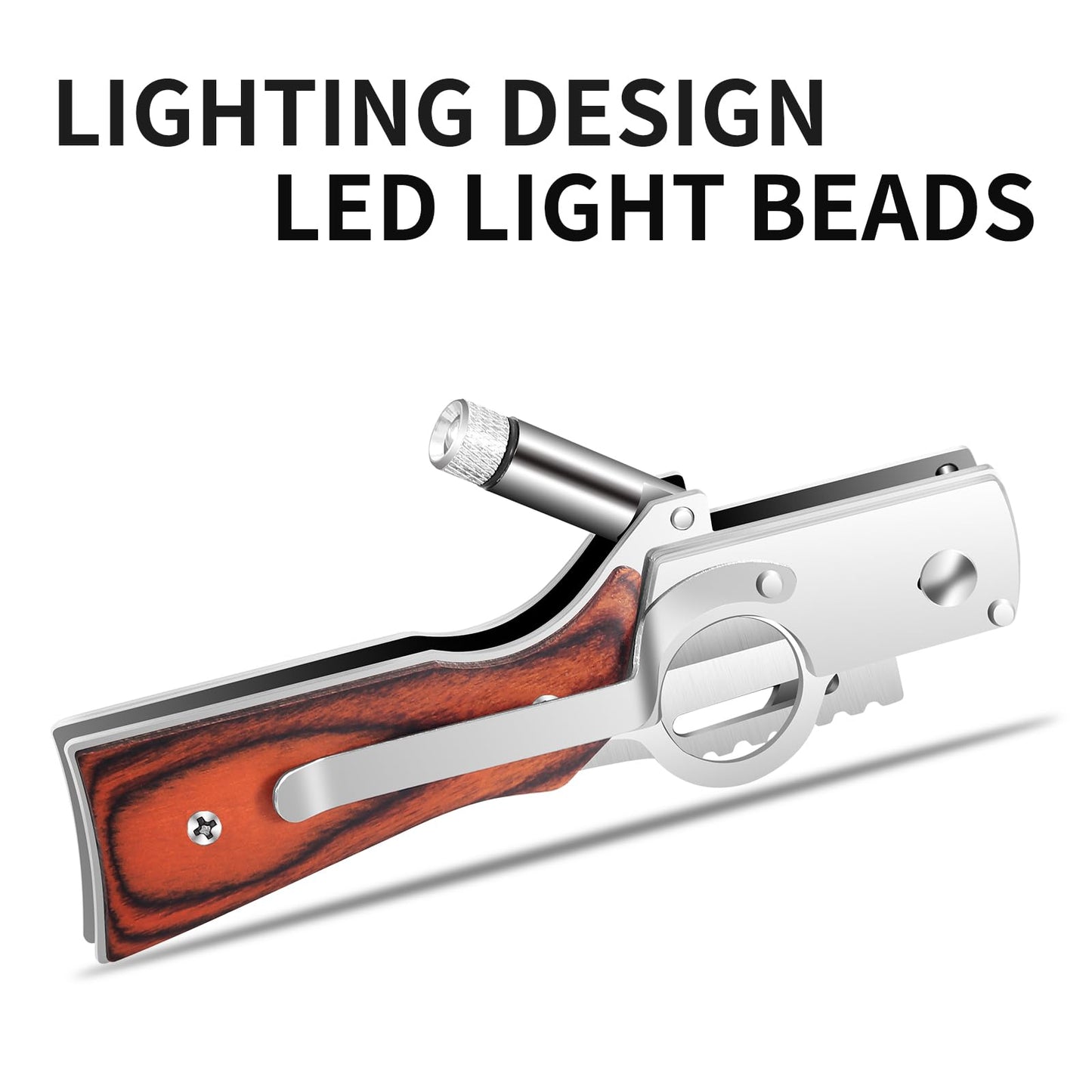 Uninuou AK47 Style Tactical Folding Knife 4-Pack – Bulk Set with LED Light, Wood Handle, Laser Engraving Ready, Groomsmen Gifts for Men, Outdoor Camping Hiking Gear (4)