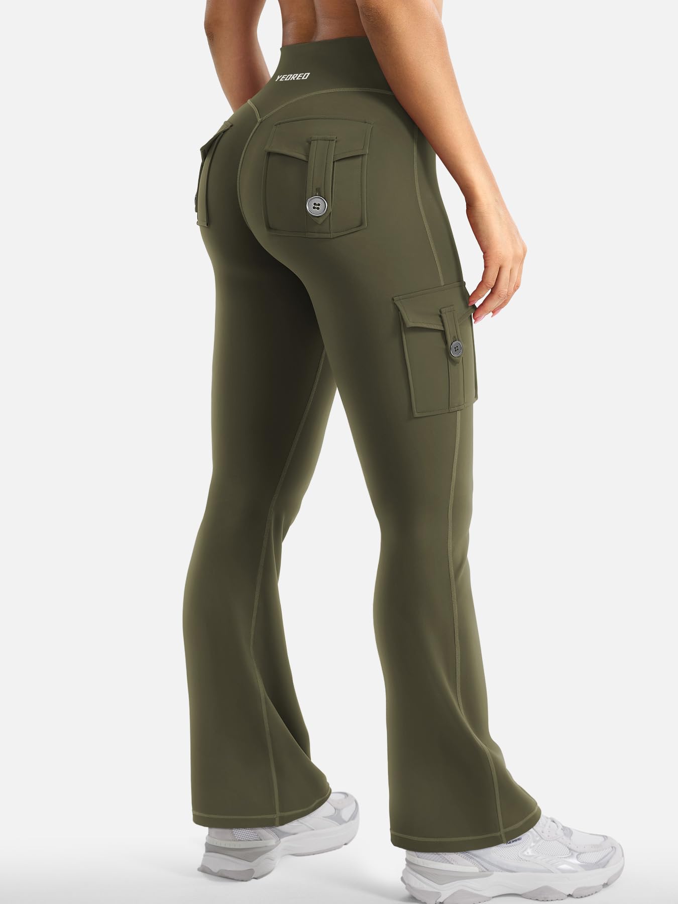 YEOREO CoreFlex Women Workout Flare Leggings with Pockets Scrunch Cargo Gym Yoga Leggings Army Green XS