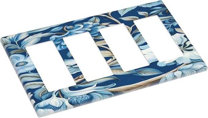 Blue Flowers Branches Leaves Floral Pattern Light Switch Cover 4 Gang Rocker Decora Outlet Covers Wall Plate Decorative Switchplate Electrical Faceplate GFCI for Farmhouse Living Bedroom Decor