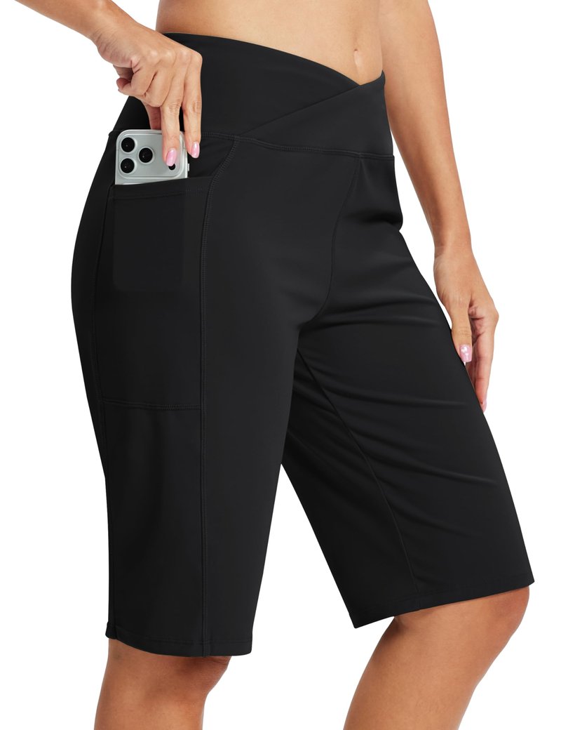 MoFiz Women's Bermuda Long Shorts 12" High Waisted Knee Length Shorts for Women Summer Athletic Running Shorts Black XL