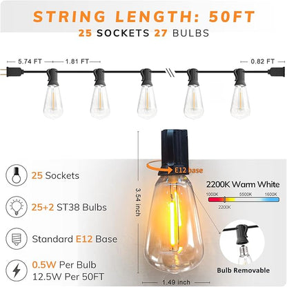 Achin Outdoor String Lights - 50ft LED Dimmable ST38 Warm Edison String Lights, Waterproof, Shatterproof, Connectable, Patio, Pergola, Bistro, Garden, Wedding, 2 Year Warranty