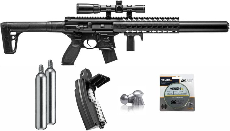 Sig Sauer MCX .177 Cal CO2 Black Air Rifle Bundle - Scope, 2 CO2 Tanks, 30rd Mag & 500 Pellets