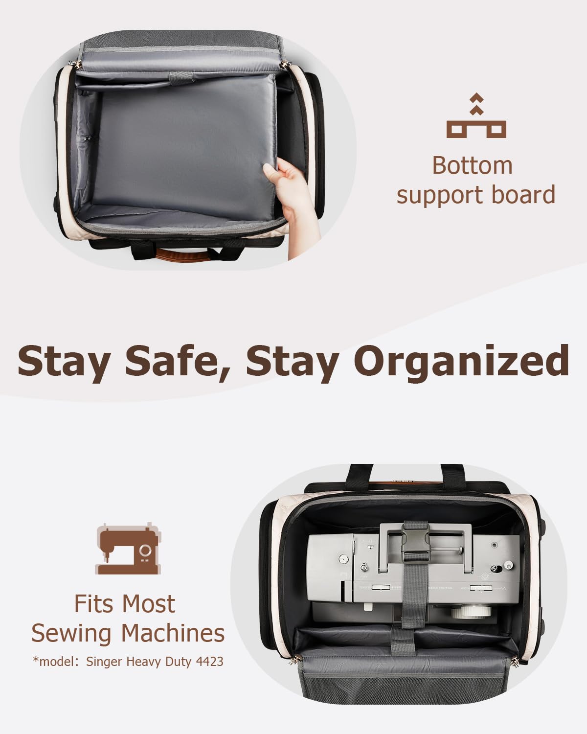 Arcoyard Sewing Machine Case with Wheels, Rolling Sewing Machine Carrying Case with Removable Bottom Pad & 2 Packing Cubes Storage, No Installation Required, Compatible with Singer, Brother, Brown