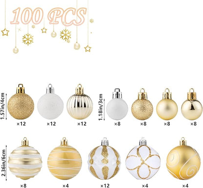 100Pcs Christmas Balls Ornaments Set, Shatterproof Christmas Decorations with Hand-held Gift Package for Xmas Tree/Holiday/Wedding/Holiday/Party Decor (Gold & White)
