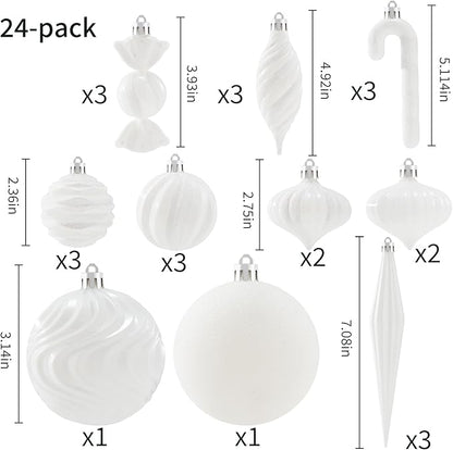 Christmas Ball Ornaments Set Shatterproof Christmas Tree Ornaments 24 PCS Painted Shaped Styles Xmas Tree for Holiday Decor,White
