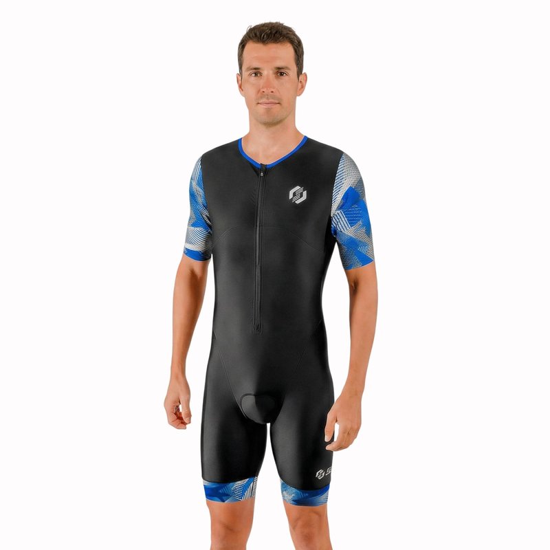 SLS3 Triathlon Suits Mens - Aerodynamic Sleeved Tri Suit Men – Lightweight Trisuit with Premium FX Fabrics - 2 Pockets (Black/Red Geo, Medium)