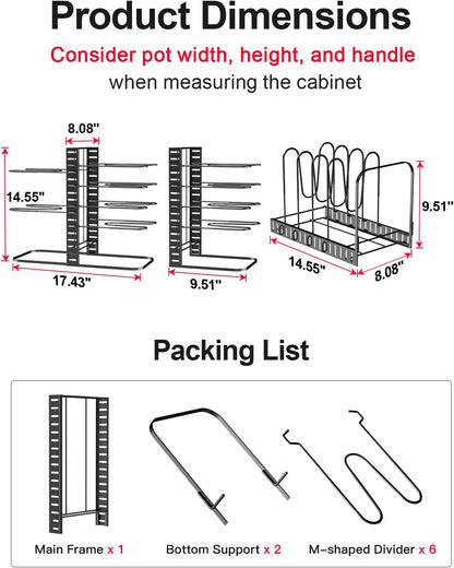 MUDEELA Pots and Pans Organizer Rack under Cabinet 14.55in Height, 8-Tier Kitchen Cabinet Organizers and Storage, Light-Duty Adjustable Pot Racks, Pan Organizers inside Cabinet with 3 DIY Methods