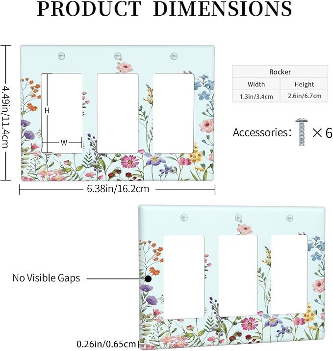 Rustic Wild Floral Vintage Blue Watercolor Flower 3 Gang Rocker Light Switch Covers Decorative Unique Triple Outlet Wall Plate Cover Faceplate Decorative Switchplate GFCI for Bedroom