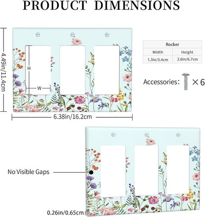 Rustic Wild Floral Vintage Blue Watercolor Flower 3 Gang Rocker Light Switch Covers Decorative Unique Triple Outlet Wall Plate Cover Faceplate Decorative Switchplate GFCI for Bedroom