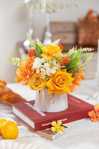 WELL KNOWN Small Fake Flowers in Plastic Vase 7" Centerpieces Coffee Table Decor, Silk Flower Arrangements for Home Decor Indoor Artificial Flower Bouquet for Dining Room Kitchen Wedding Yellow Orange
