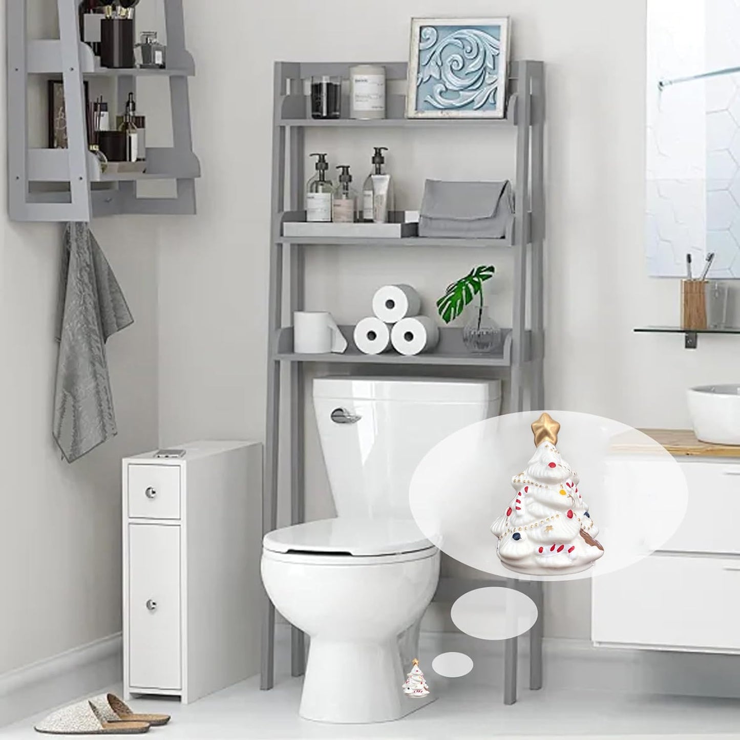 2Packs Christmas Tree Toilet Bolt Covers Decorative Tall Toilet Bolt Caps for Christmas Bathroom Decor, Toilet Caps for Bottom of Toilet, Ceramic Toilet Screw Cover Caps, Easy Installation (White-A)