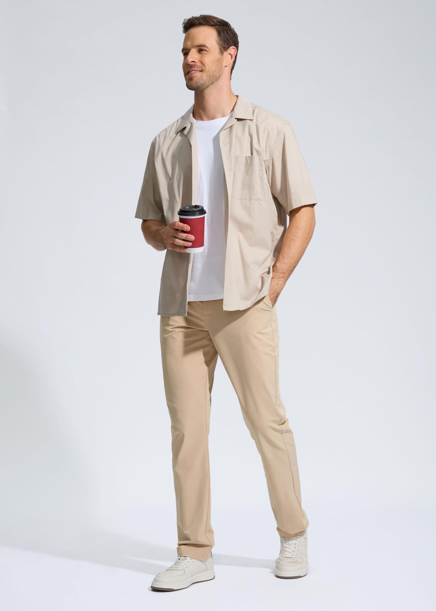 Pudolla Men's Golf Pants Work Dress Comfy Pants Casual Slacks Trousers with Pockets(Khaki 42Wx30L)
