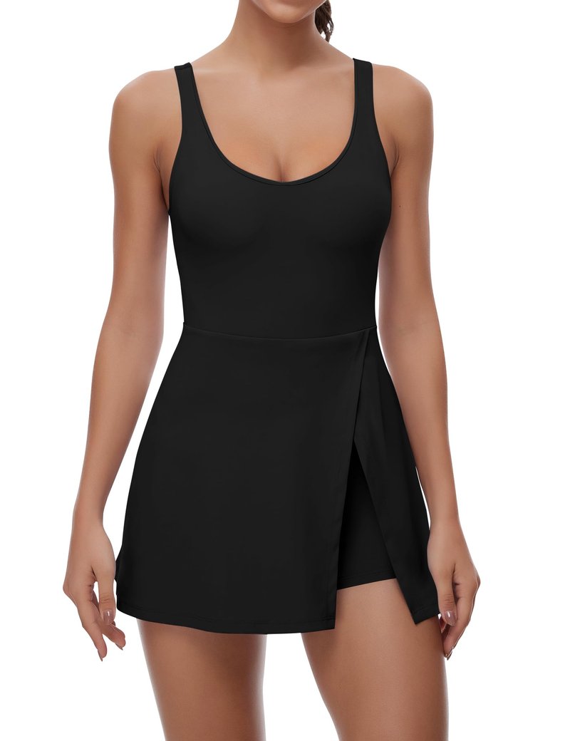 FOMELY Women's Tennis Dress with Built-in Shorts & Bra - Athletic Golf Dress, Side Slit Flare Mini, Black, X-Large