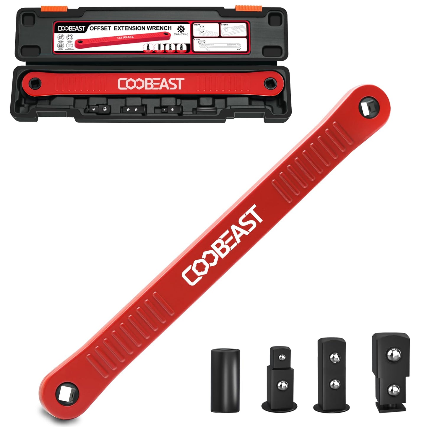 coobeast Red Offset Extension Wrench Impact Ready Socket Wrench Extender Tool with Versatile 1/4", 3/8", and 1/2" Square Drive Adapters, Universal Extensions Wrench for Small Place