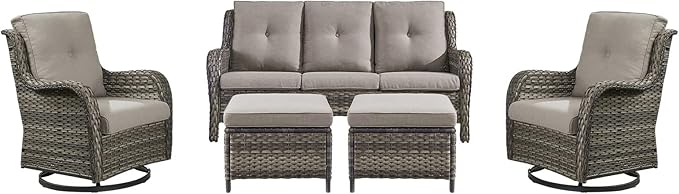 Rilyson Wicker Patio Furniture Set - 5 Piece Rattan Outdoor Sectional Conversation Sets with 2 Rocking Swivel Chairs,2 Ottomans and 1 Sofa for Porch Deck Garden(Mixed Grey/Grey)