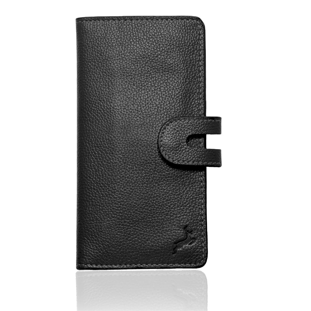 DEERHANDMADE womens wallet (Holds 15-18 Cards, 4 Flat Pockets, 1 ID Windows) Genuine Leather clutch purses for women | Slim long wallets for women | rfid blocking wallet (black wallet)