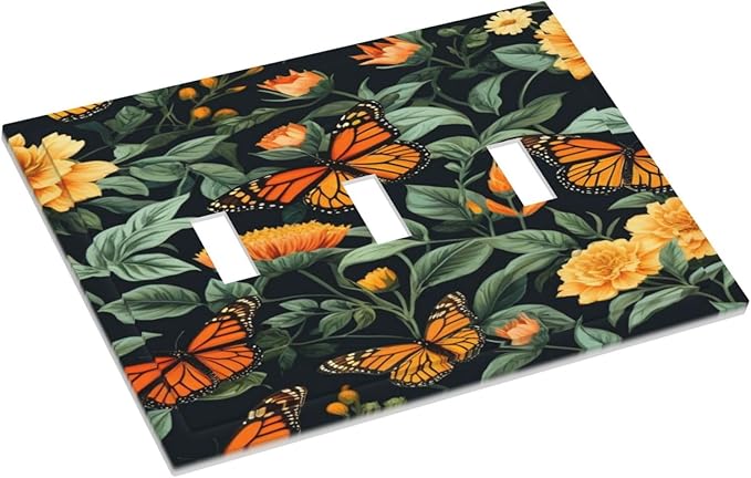 Butterflies Flower Garden Light Switch Covers 3 Gang Triple Toggle Wall Plate Decorative Switchplate Electrical Faceplate for Farmhouse Living Decor