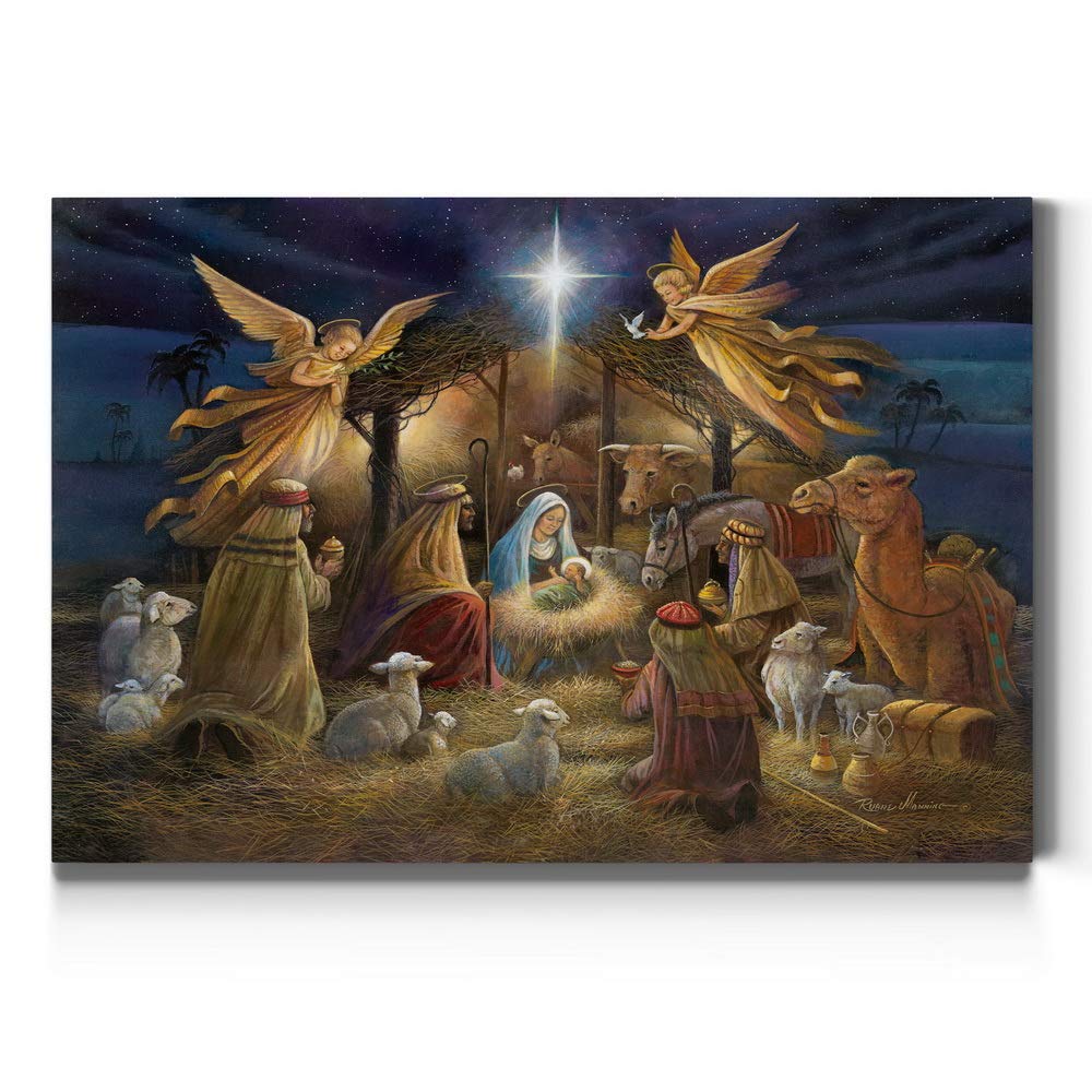 Renditions Gallery Nativity Scene Wall Art, Christ in a Manger, Jesus Christ, Mary, & Joseph, Religious Christmas Scene, Gallery Wrapped Canvas Decor, Ready to Hang, 8 in H x 12 in W, Made in America