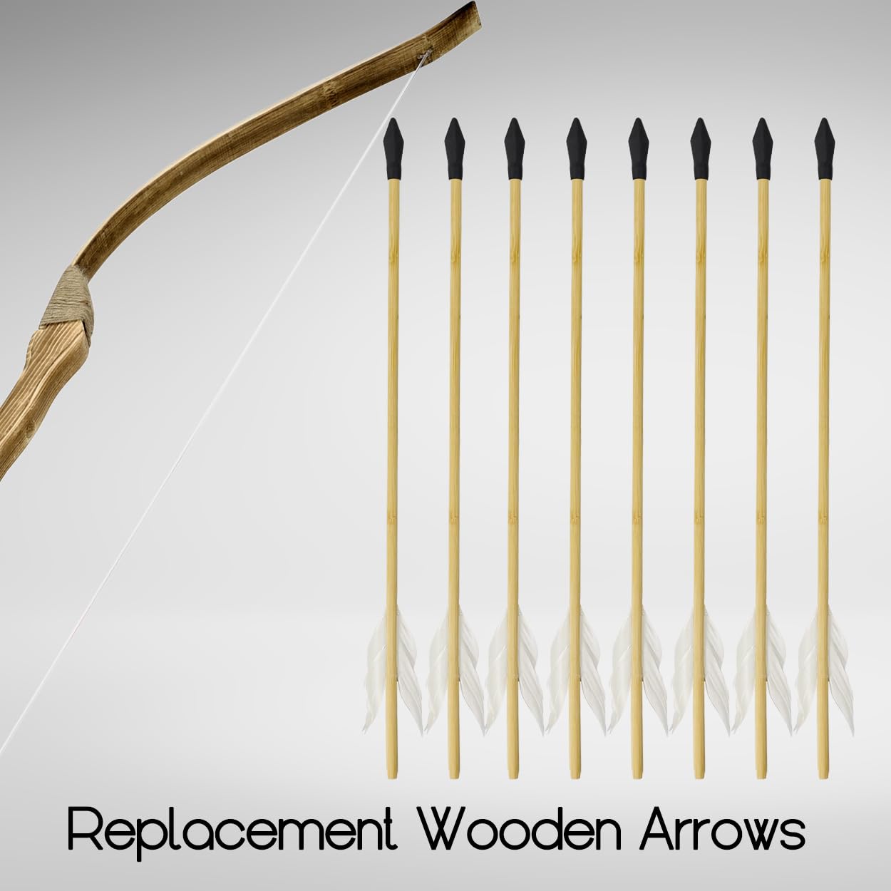 Basbon 8 Pcs Wooden Feather Arrows Soft Rubber Tips, 17 Inch Handmade Wooden Toy Arrow for Kids and Beginners, Archery Bows Outdoor Play Cosplay Costume Decoration