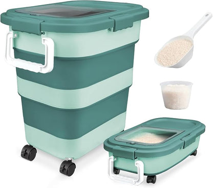Komzon Rice Storage Container, Collapsible Airtight 10-40 Lb Rice Storage Container, 25lb Pet Dog Food Storage Container, Rice Dispenser Bin with Cup and Scoop for Flour Cereal Pasta Grain, Cat Bird
