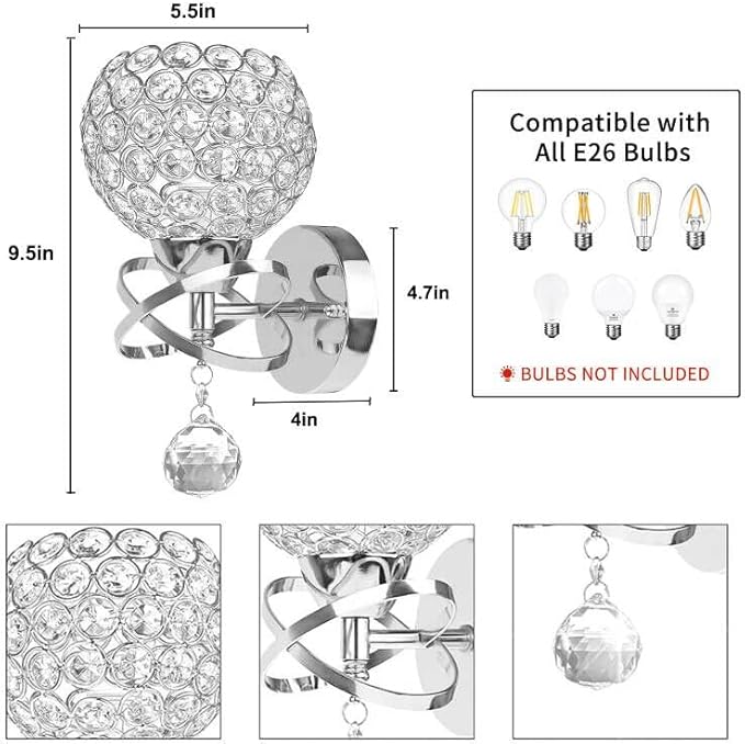 TISLYCO Crystal Wall Sconces Set of Two, Modern Wall Light Sconces Wall Lighting with Hanging Crystal Ball, Wall Mount Lamp Bedside Wall Lamp Silver Sconces Wall Light for Bedroom Living Room Hallway