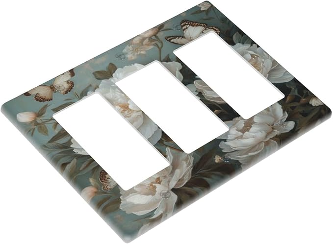 Decorative Art Light Switch Covers Butterflies & Peonies 3 Gang Triple Rocker Outlet Switch plate GFCI Faceplate GFCI for Home Decor