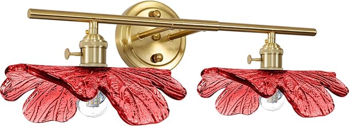 2 light bathroom Lighting Fixture vintage vanity light with Red Flower Glass Shade mid century wall light art deco Bathroom vanity Lights Over Mirror gold brass wall sconce for Hallway Living Room