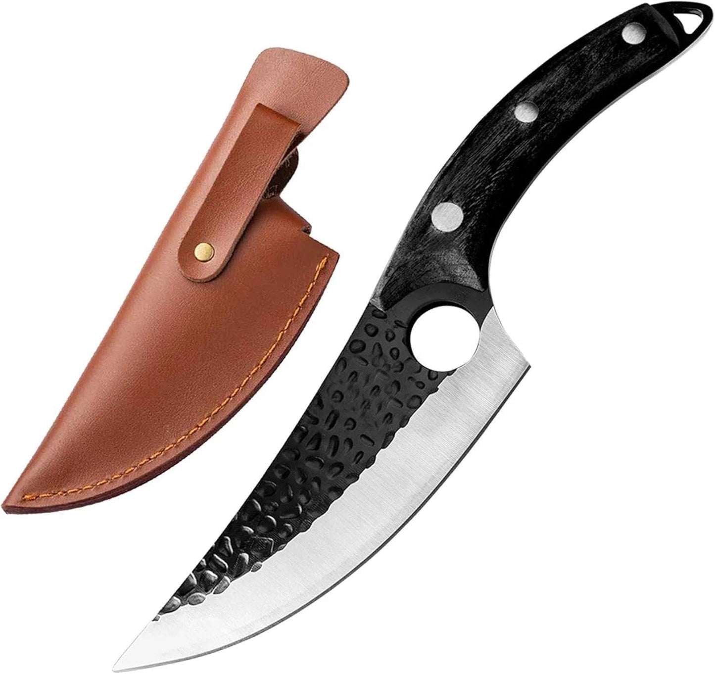 Huusk Viking Knives, Butcher Knife Black Forged Boning Knife with Sheath Japanese Fillet Meat Cleaver Knives Full Tang for Kitchen, Camping, BBQ Thanksgiving Gifts