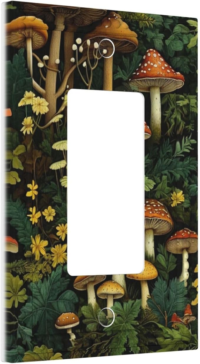 Mushrooms Forest Nature Botanical Art Single Decora Outlet Wall Plate 1 Gang Rocker Decorative Switchplate Faceplate GFCI Light Switch Covers for Farmhouse Living Decor