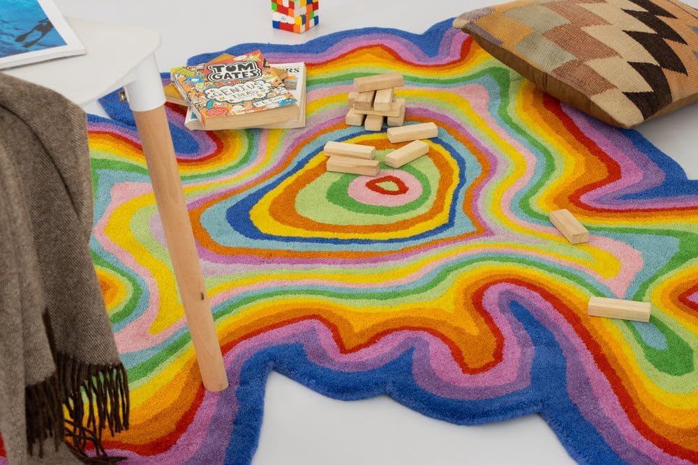 WovenRug Wonders Irregular Shaped Throw Rug Illusion Pattern | Handmade 100% Wool Modern Colourful Stripe Hand-Tufted Area Rugs (7x7 Feet)