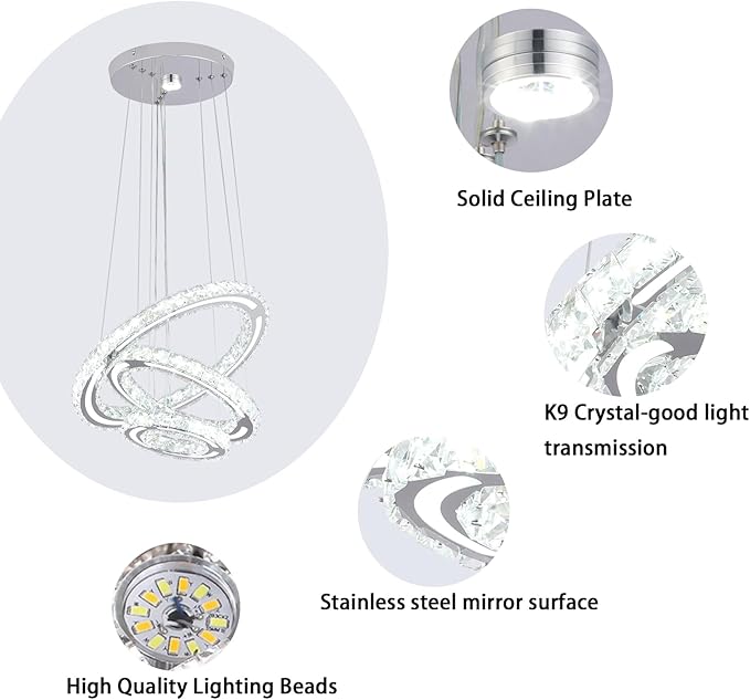 FRIXCHUR LED Chandeliers Crystal Chandelier Modern Ceiling Light Fixture 3 Ring Adjustable Pendant Light Chandelier for Bedrooms Living Room Dinning Room (Cool White)