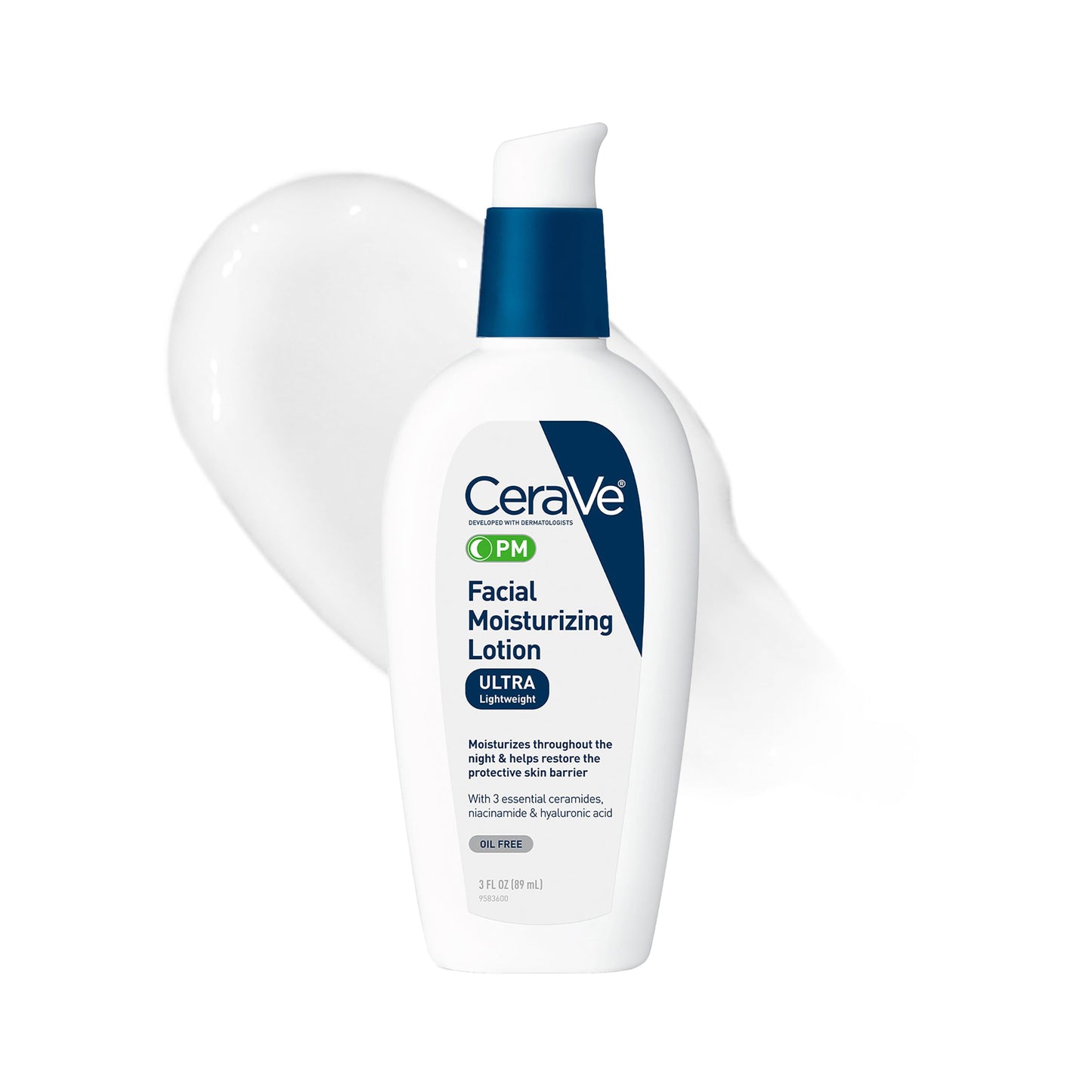 CeraVe PM Facial Moisturizing Lotion, Night Cream with Hyaluronic Acid and Niacinamide, Ultra-Lightweight, Oil-Free Moisturizer for Face, 3 Ounce