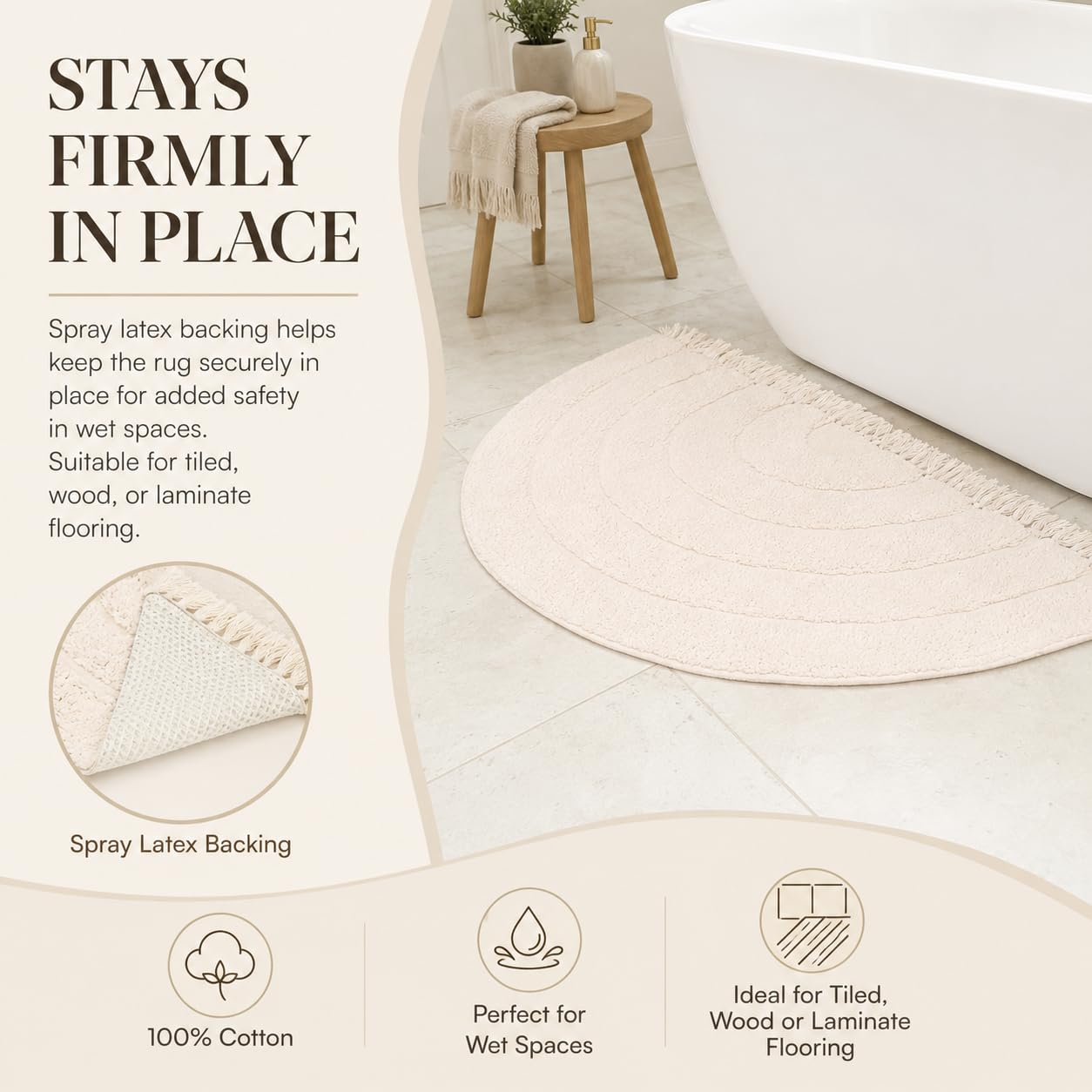 BIEN BEAU Unique Boho Half Moon Bath Rug – Ivory - 100% Cotton Bathroom Rugs - Stylish Non-Slip Bohemian Rug for Bath and Bedroom – Cute Boho Decor 20 x 38 inch