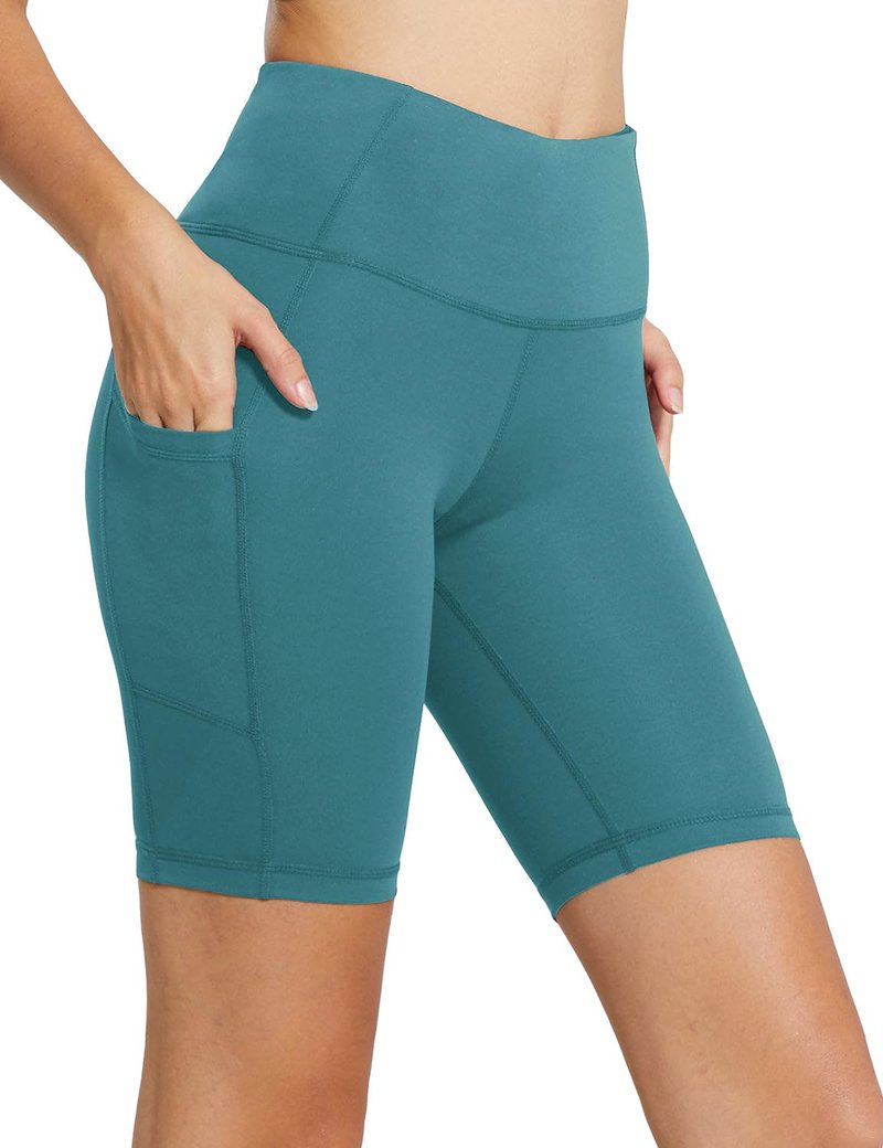 baleaf Biker Shorts Women Yoga Gym Workout Spandex Running Volleyball Tummy Control Compression with Pockets 8" Green S