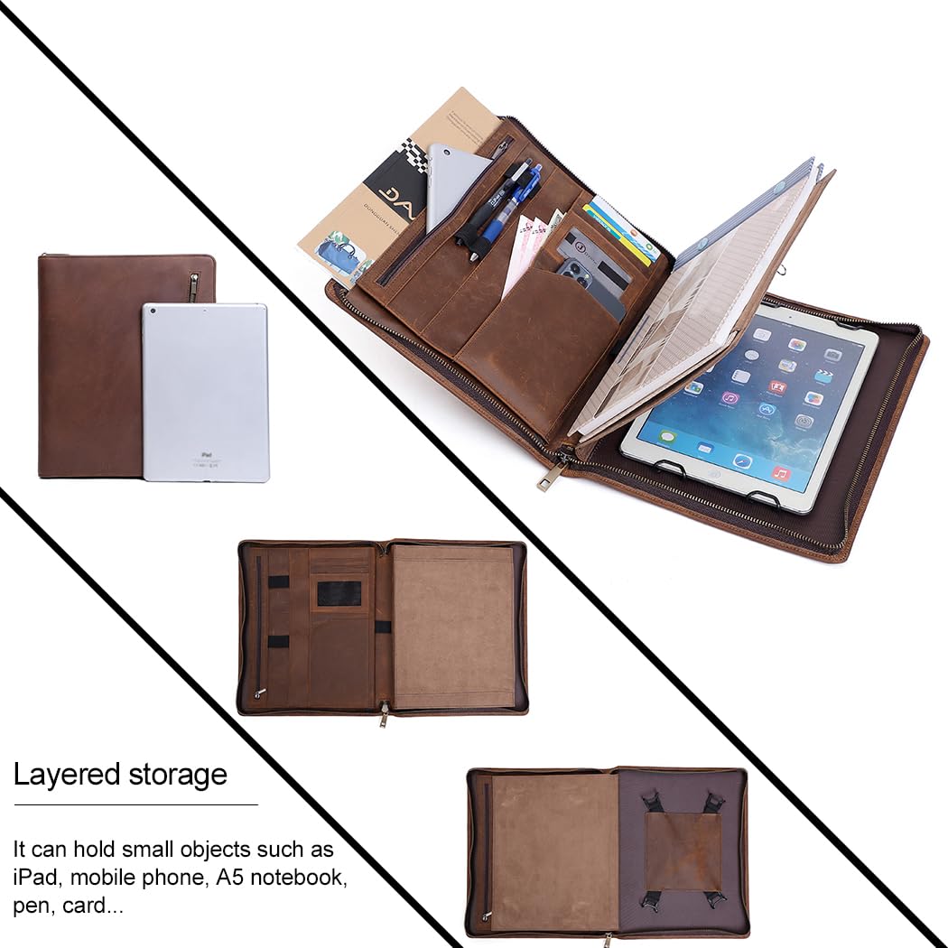 Crazy Horse Leather Portfolio Binder with 3-Zipper, Executive Padfolio Business Organizer & Resume Portfolio with iPad Holder, Legal Pad Portfolio for Men, Meetings, Interviews & Business Travel
