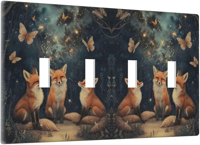 Decorative Art Light Switch Covers Foxes & Forest Quad Toggle 4 Gang Wall Plate Switch plate Electrical Faceplate for Home Decor